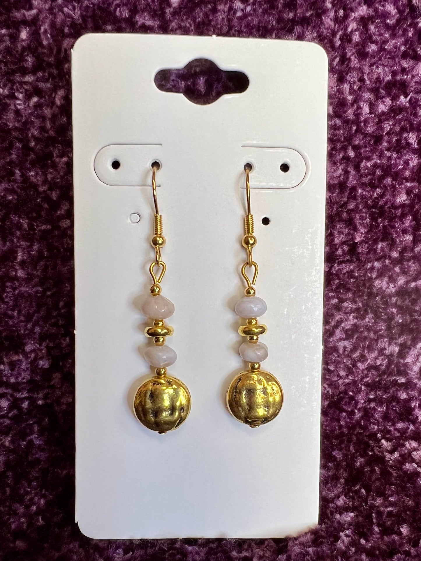 Earrings- Gold plated stainless steel ear hooks, gold plated metal with opaque natural stone nuggets.
