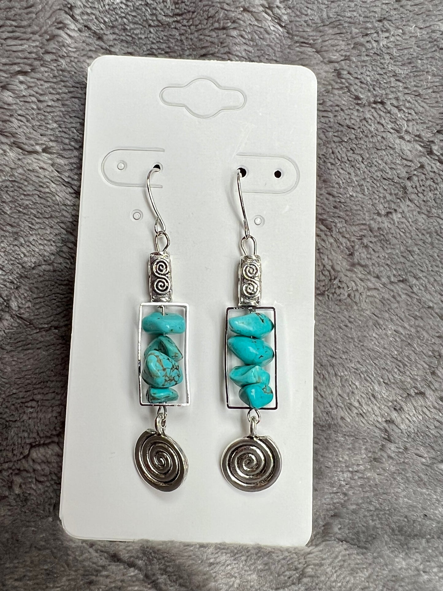 Earrings- Silver plated metal with turquoise chips beads.