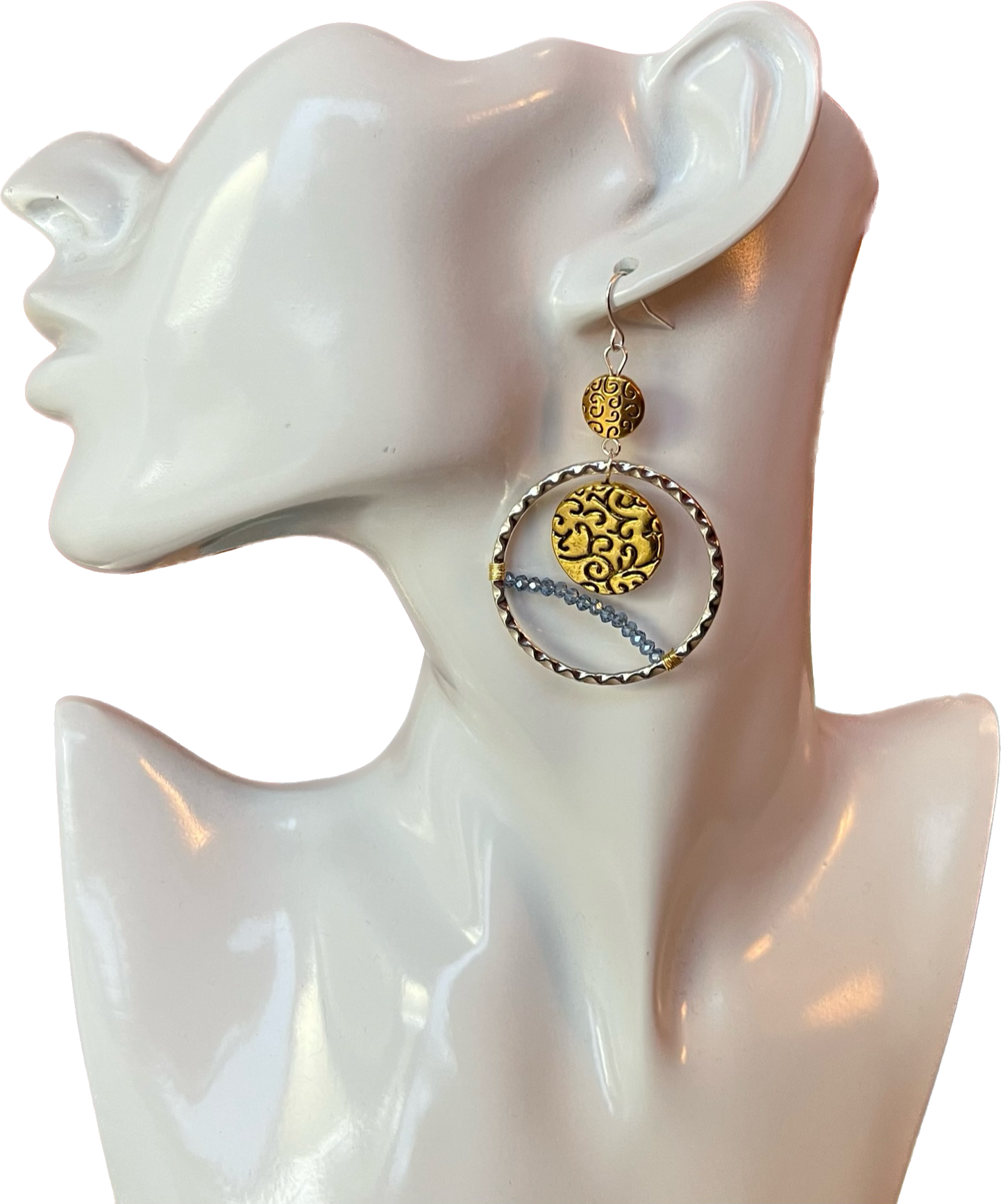 Earrings- Silver and gold plated metal with blue crystals.