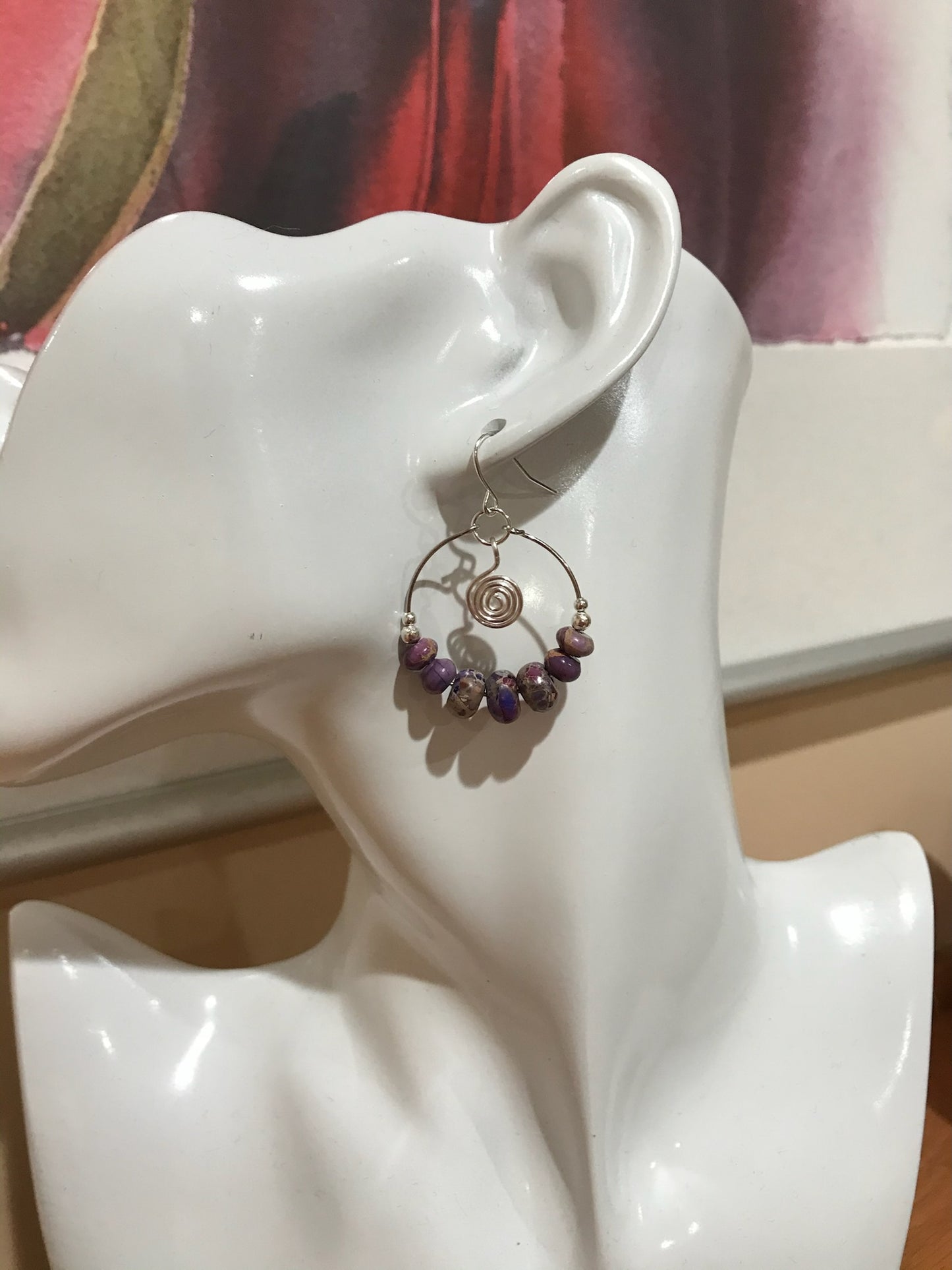 Earrings- Silver plated metal and purple stone beads.