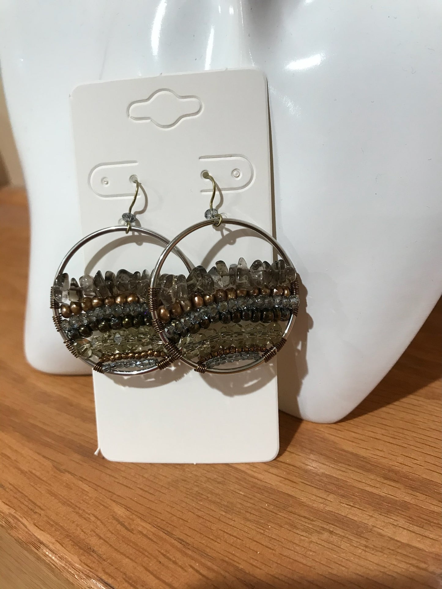 Earrings- Silver plated metal with Smokey quartz, fresh water pearls and crystals.