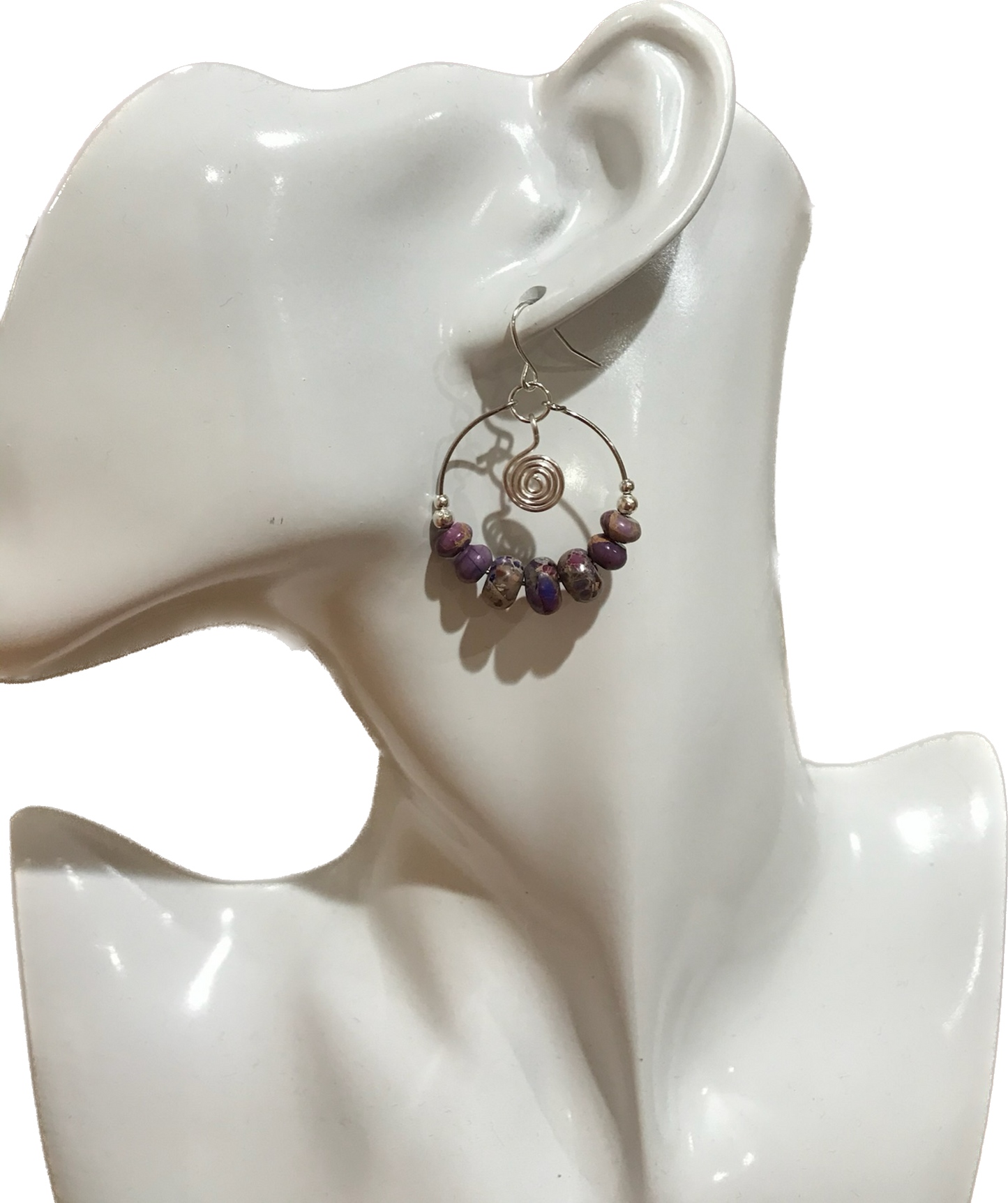 Earrings- Silver plated metal and purple stone beads.