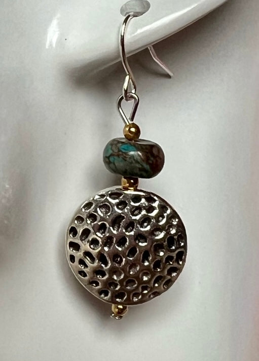 Earrings- Silver plated coin bead with turquoise stones.