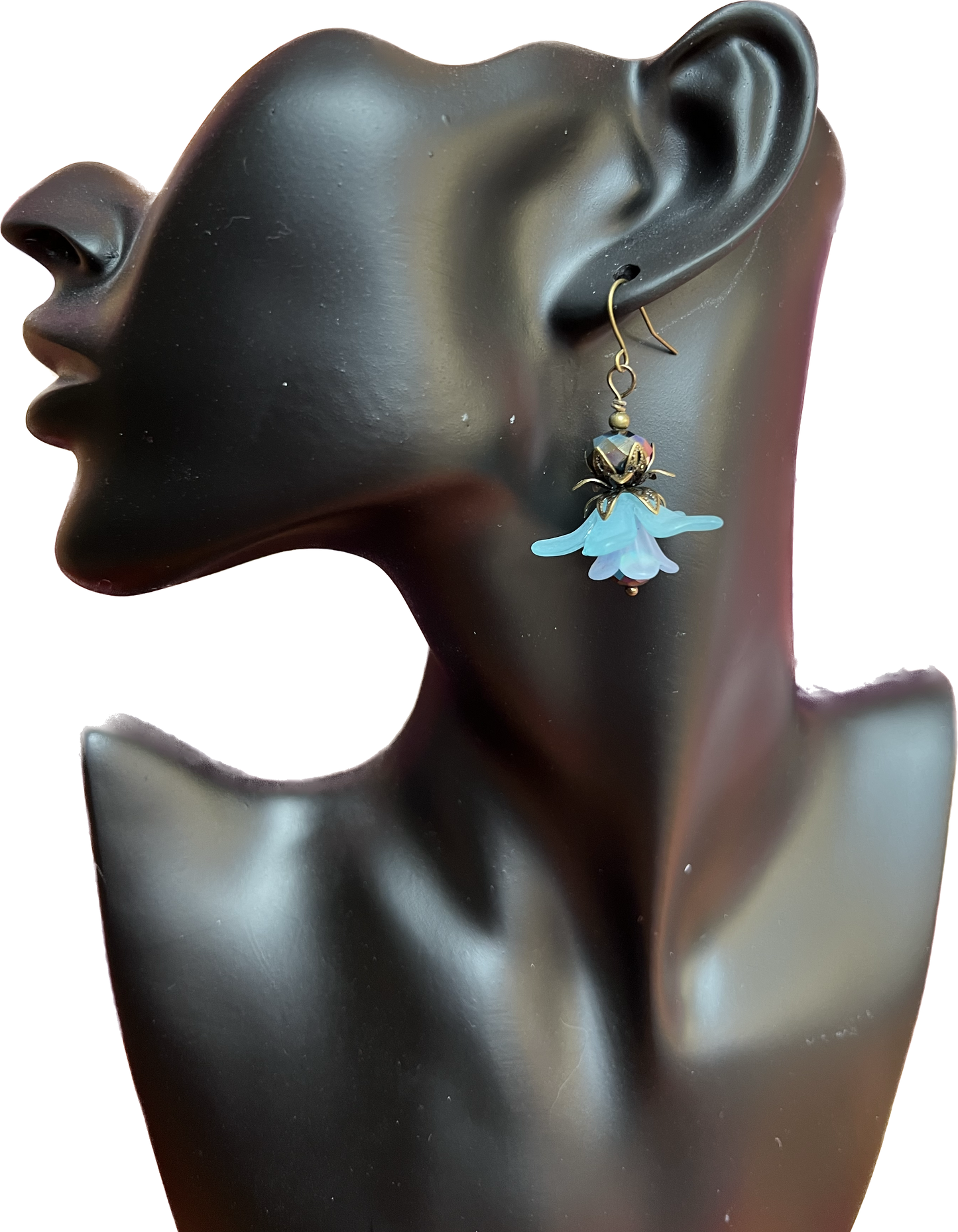 Earrings- Antique gold plated metal with blue acrylic flower beads and crystal.