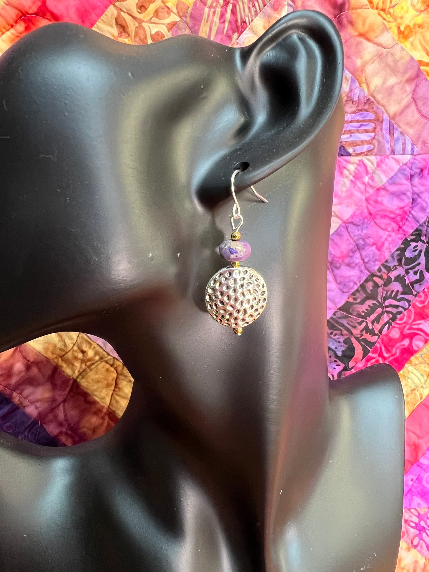 Earrings- Purple stone bead with silver coin bead.