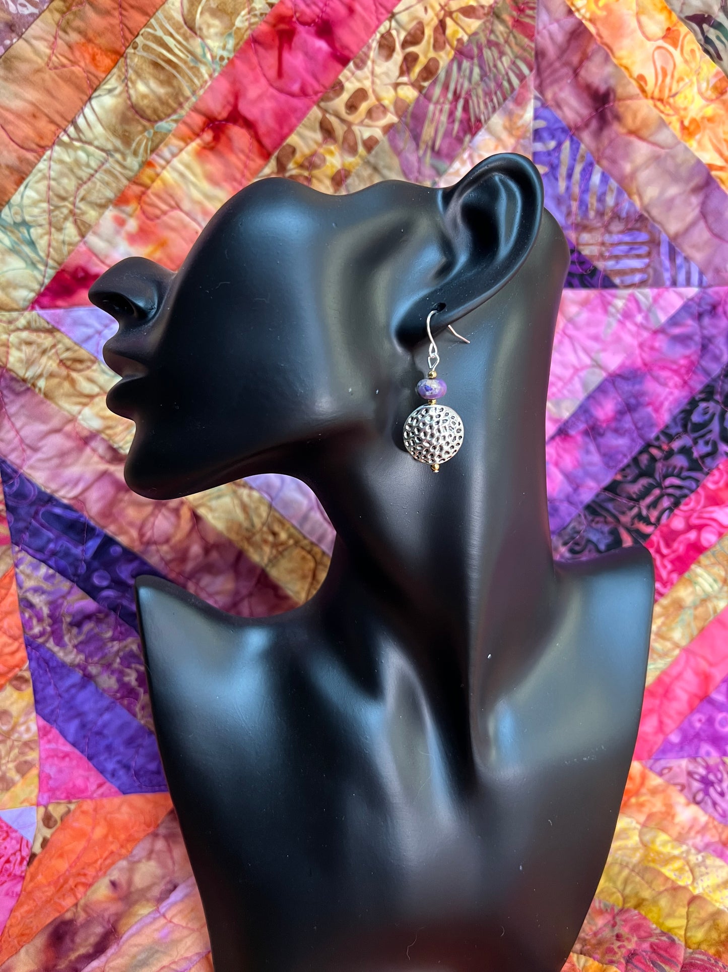 Earrings- Purple stone bead with silver coin bead.