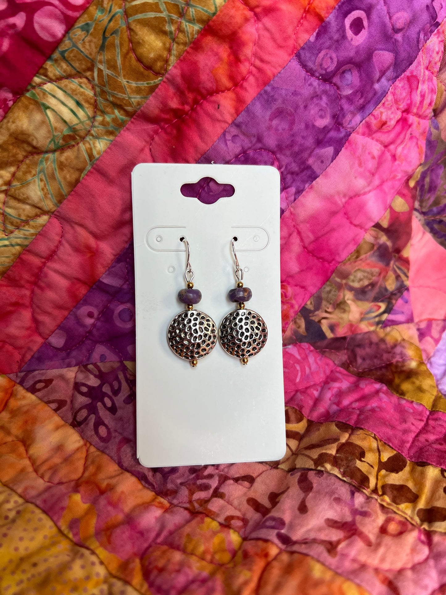 Earrings- Purple stone bead with silver coin bead.