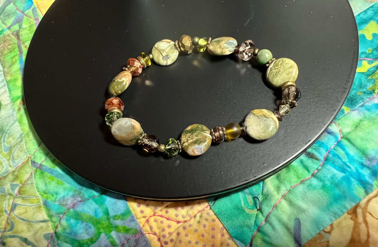 Bracelet- Antique gold, jasper, crystals, and smoky quartz.