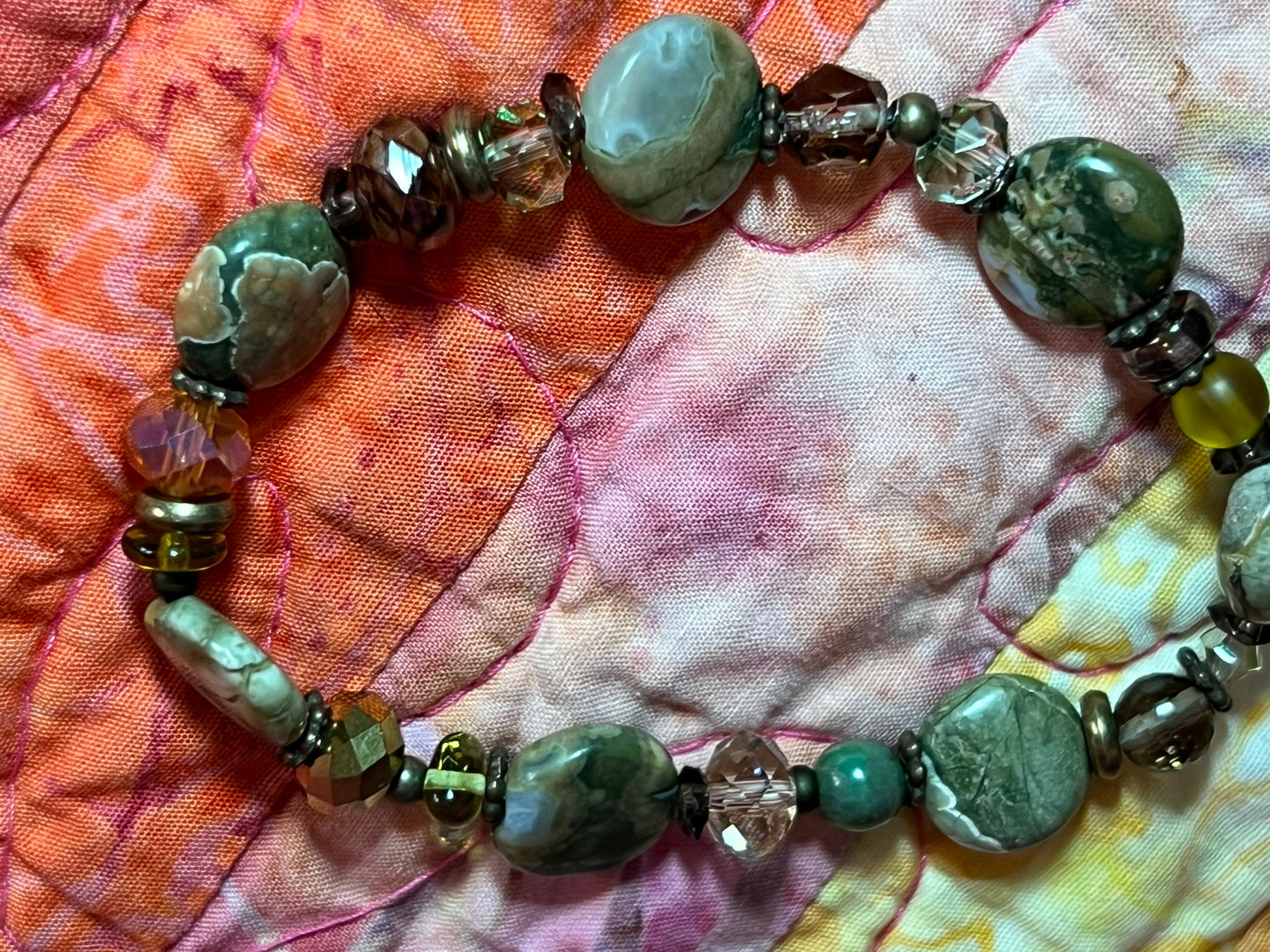 Bracelet- Antique gold, jasper, crystals, and smoky quartz.