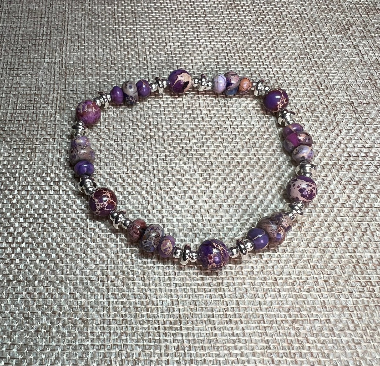 Bracelet- Purple stone beads & silver plated metal beads.