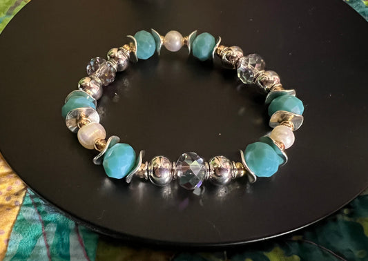 Bracelet- Gold and silver plated metal beads, crystals, & freshwater pearls.