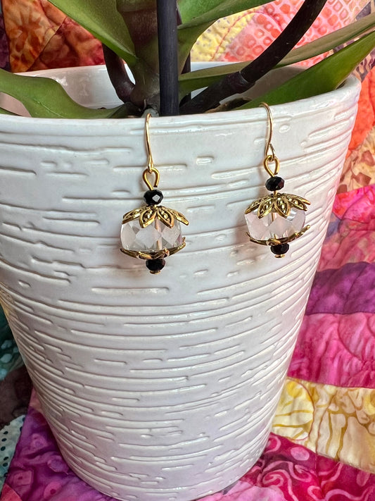 Earrings- Gold plated metal with black and clear crystals.