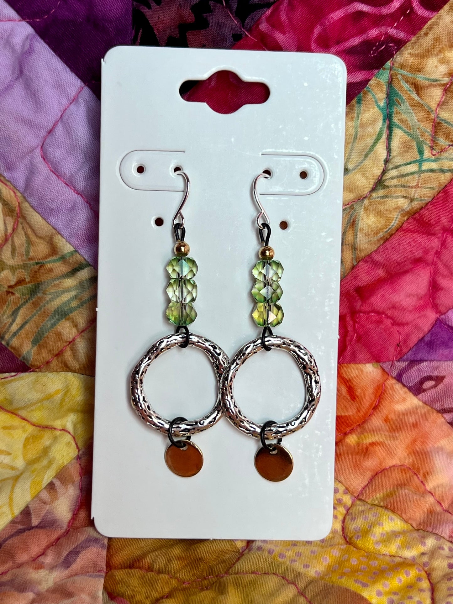 Earrings- Silver plated metal ear hooks and circle rings, with black metal and crystals. Multiple colors available.