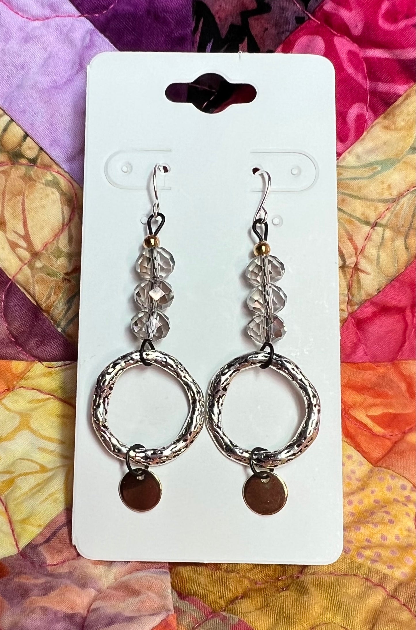 Earrings- Silver plated metal ear hooks and circle rings, with black metal and crystals. Multiple colors available.