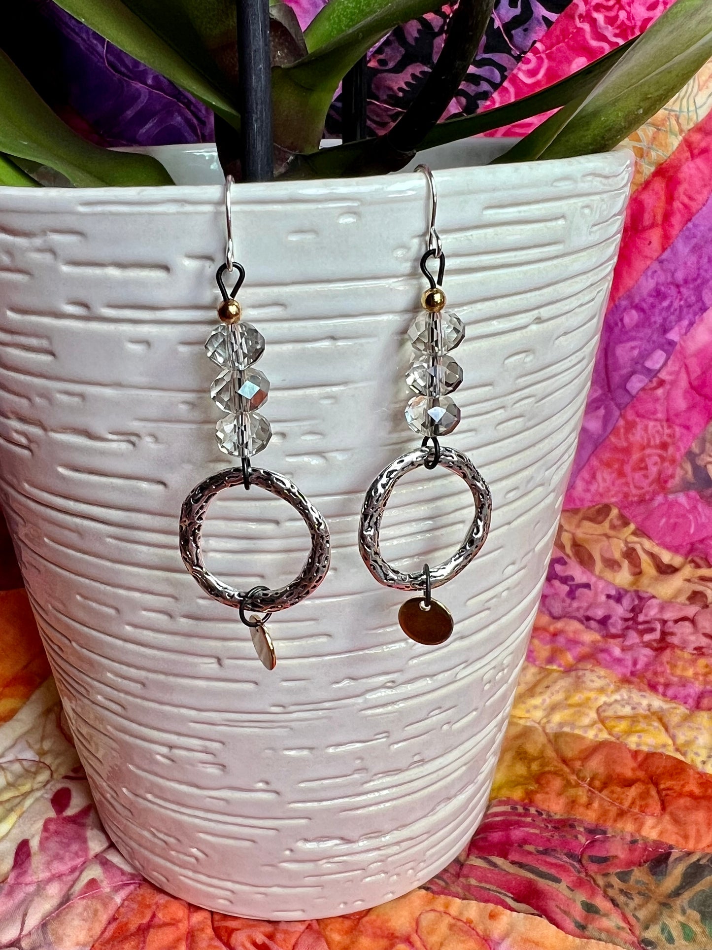 Earrings- Silver plated metal ear hooks and circle rings, with black metal and crystals. Multiple colors available.