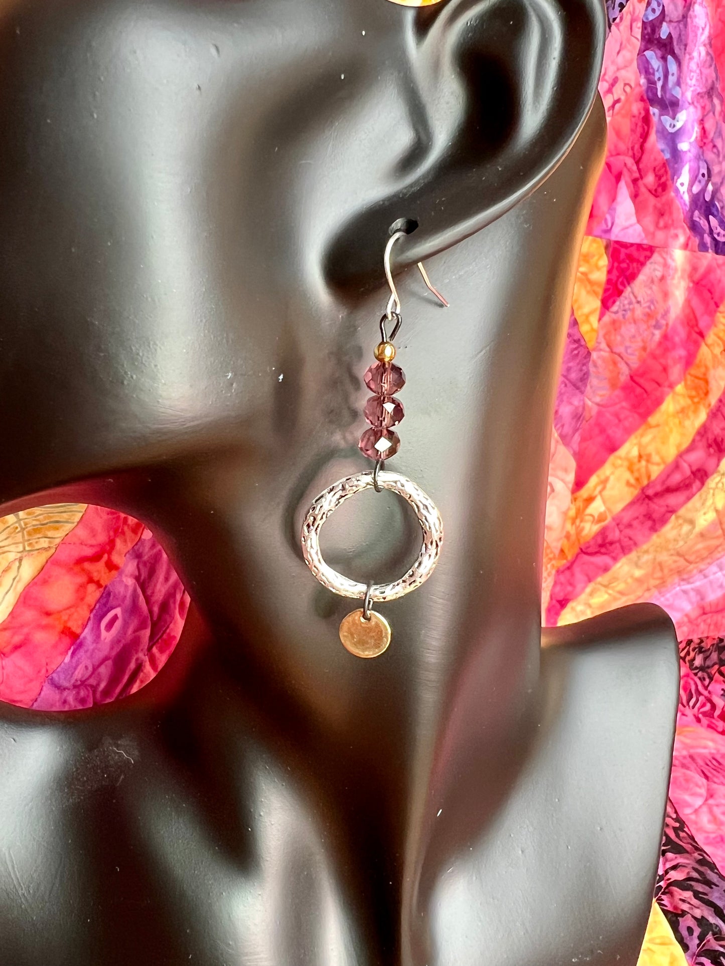 Earrings- Silver plated metal ear hooks and circle rings, with black metal and crystals. Multiple colors available.