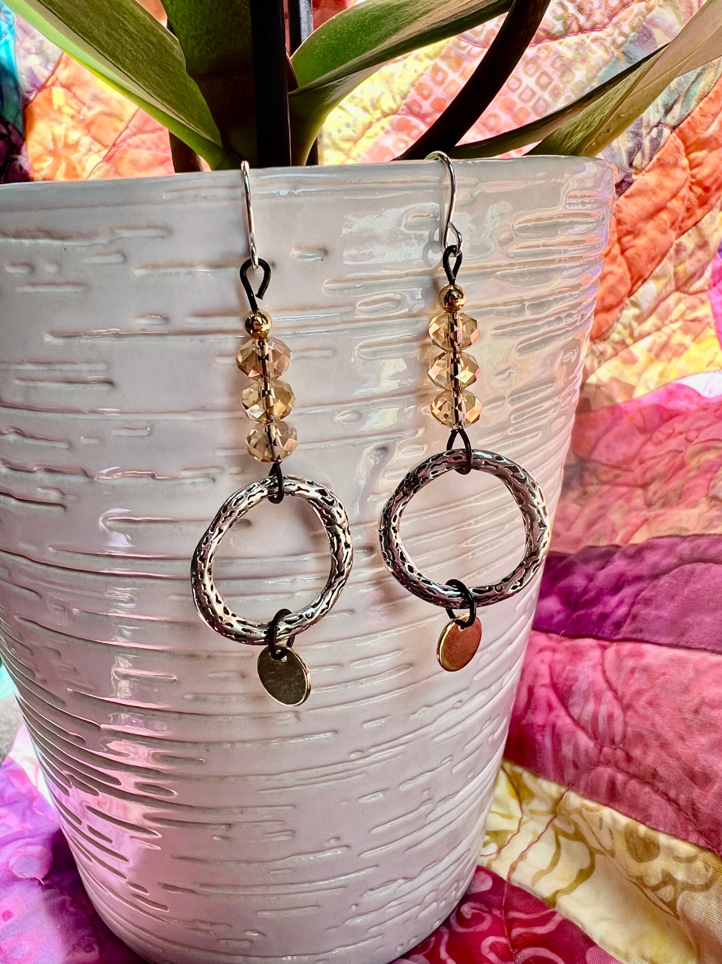 Earrings- Silver plated metal ear hooks and circle rings, with black metal and crystals. Multiple colors available.