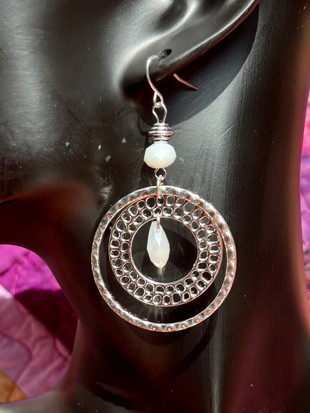 Earrings- Silver plated metal with opaque white Chinese crystal beads.