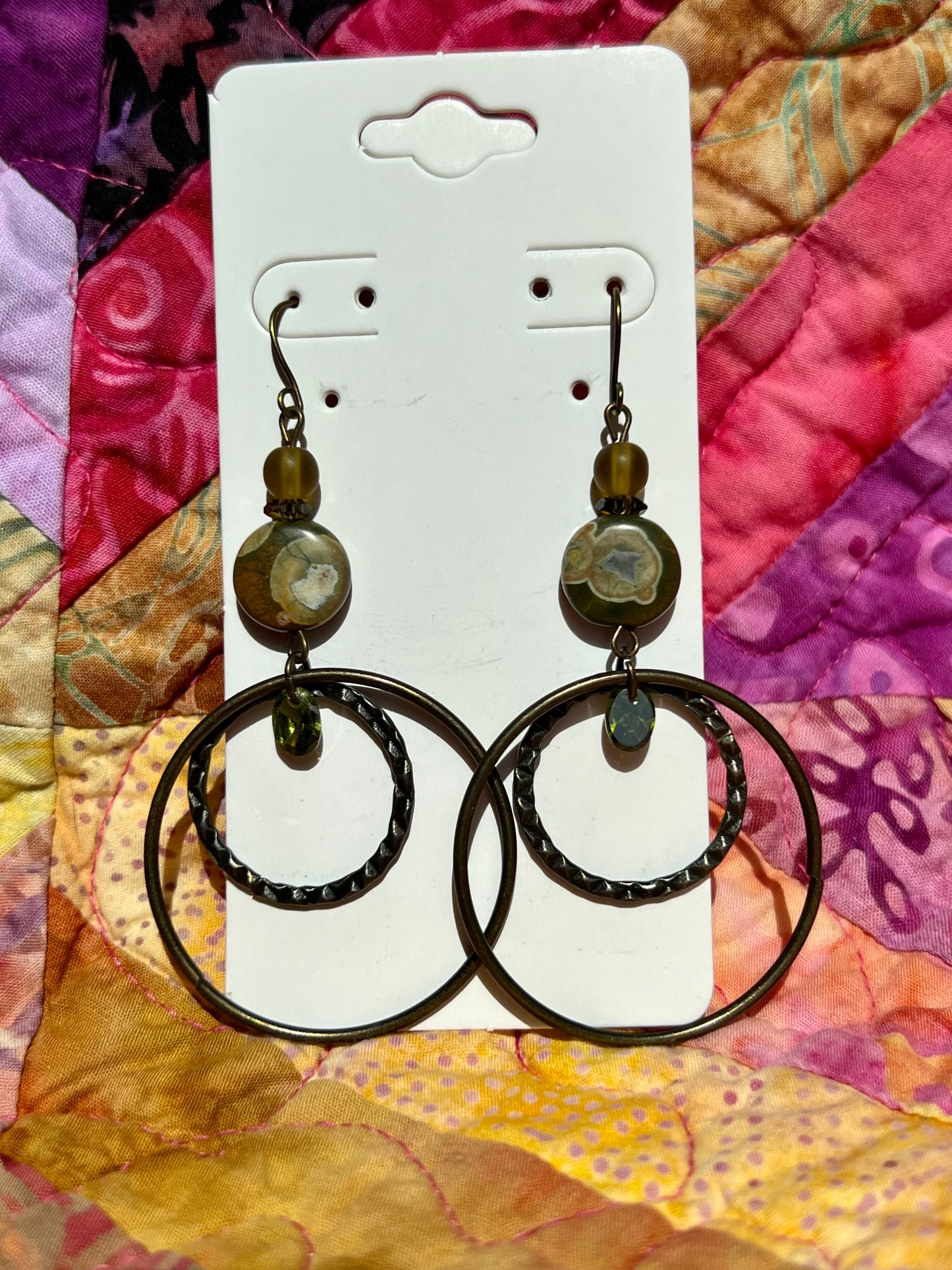 Earrings- Antique gold plated metal with jasper, smoky quartz, green cubic zirconia, and round pressed glass beads.