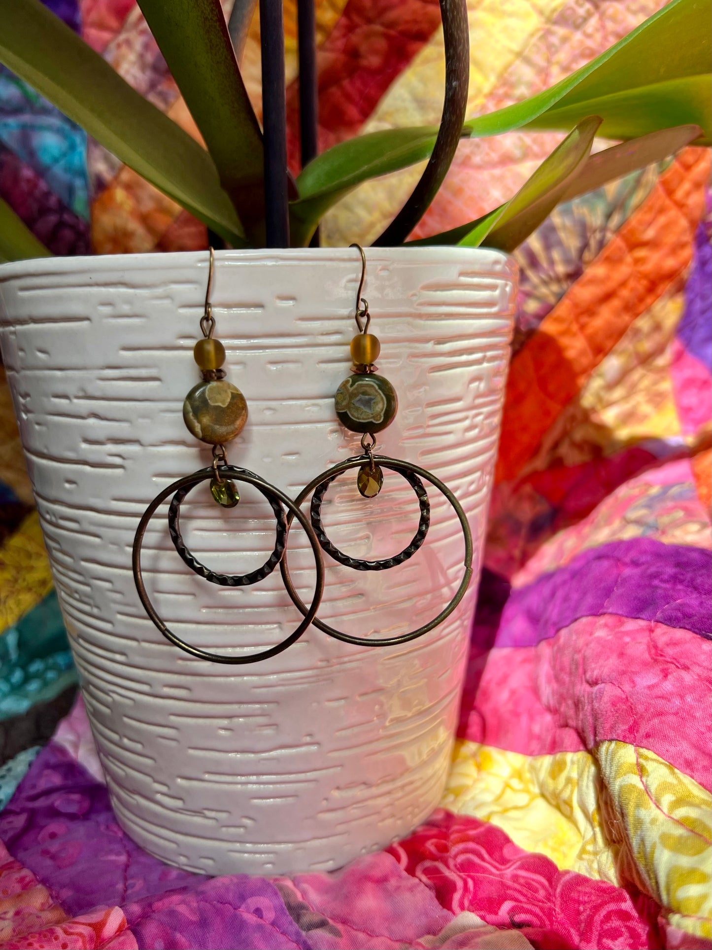 Earrings- Antique gold plated metal with jasper, smoky quartz, green cubic zirconia, and round pressed glass beads.