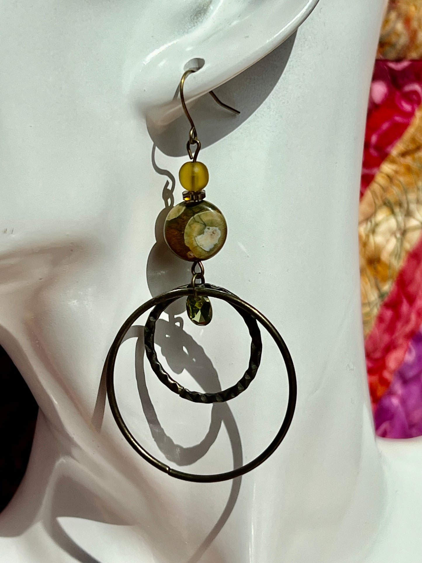 Earrings- Antique gold plated metal with jasper, smoky quartz, green cubic zirconia, and round pressed glass beads.