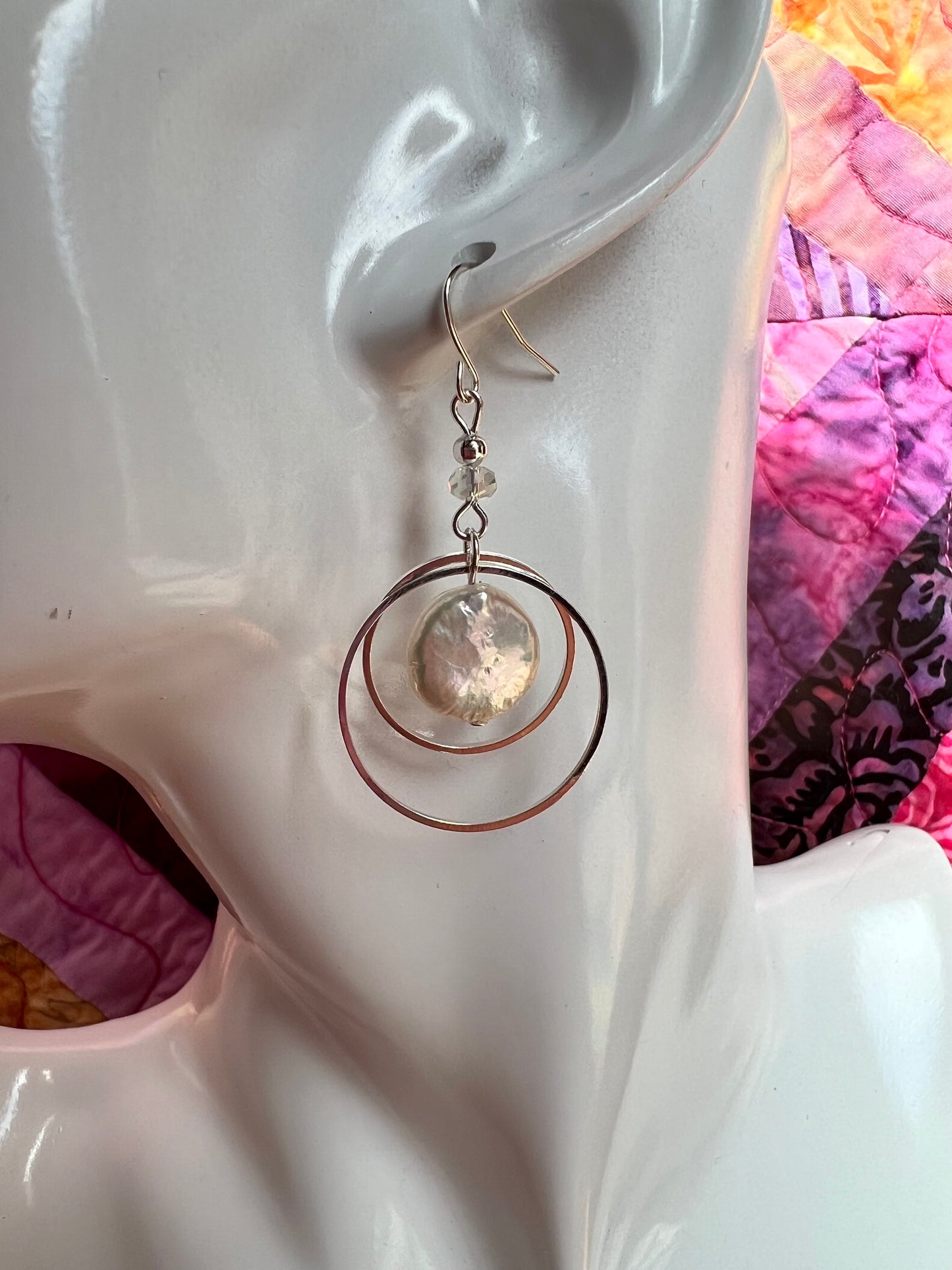 Earrings- Cat shadowing silver plated metal with genuine freshwater coin pearls and small crystals.