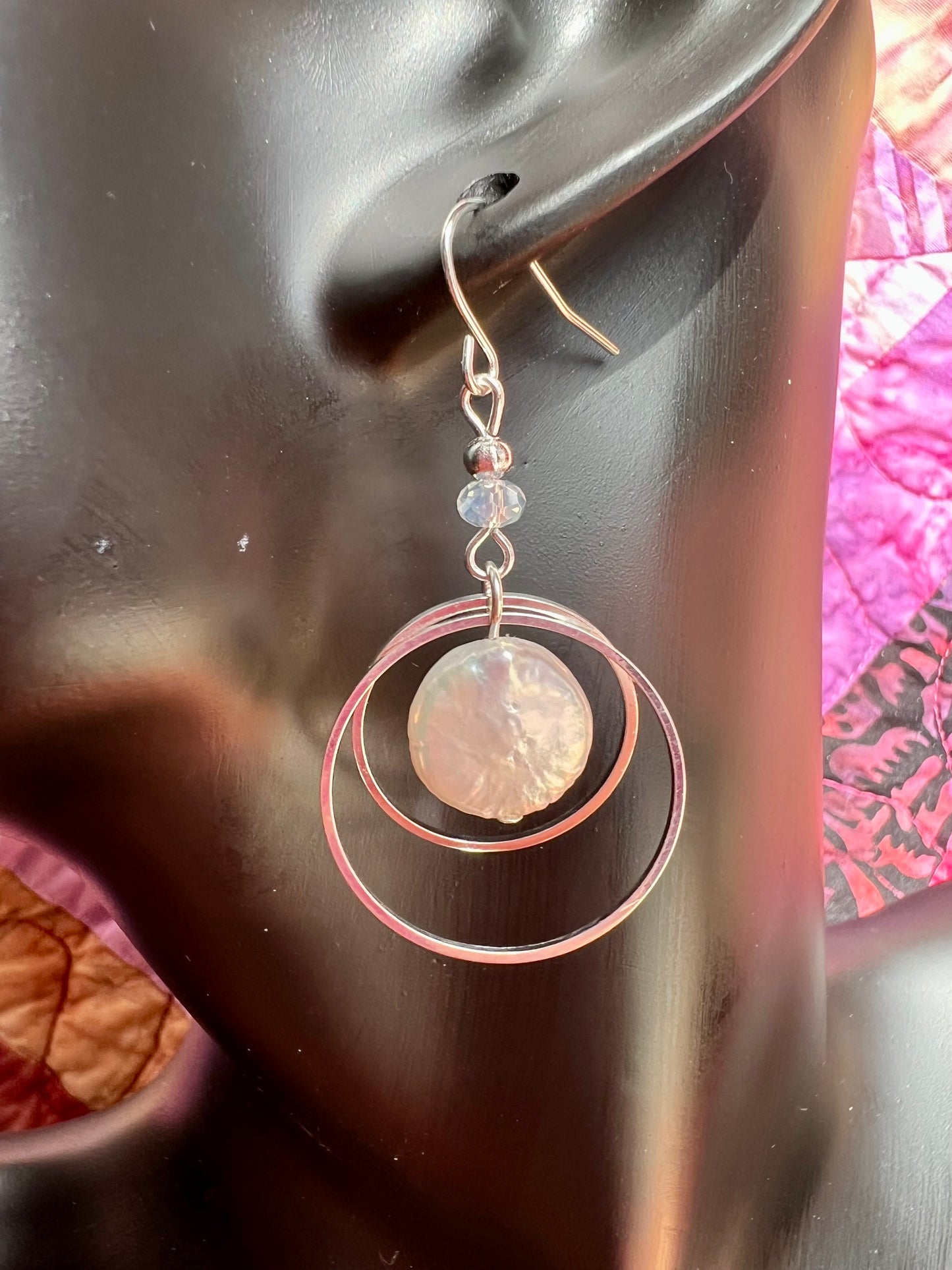 Earrings- Cat shadowing silver plated metal with genuine freshwater coin pearls and small crystals.