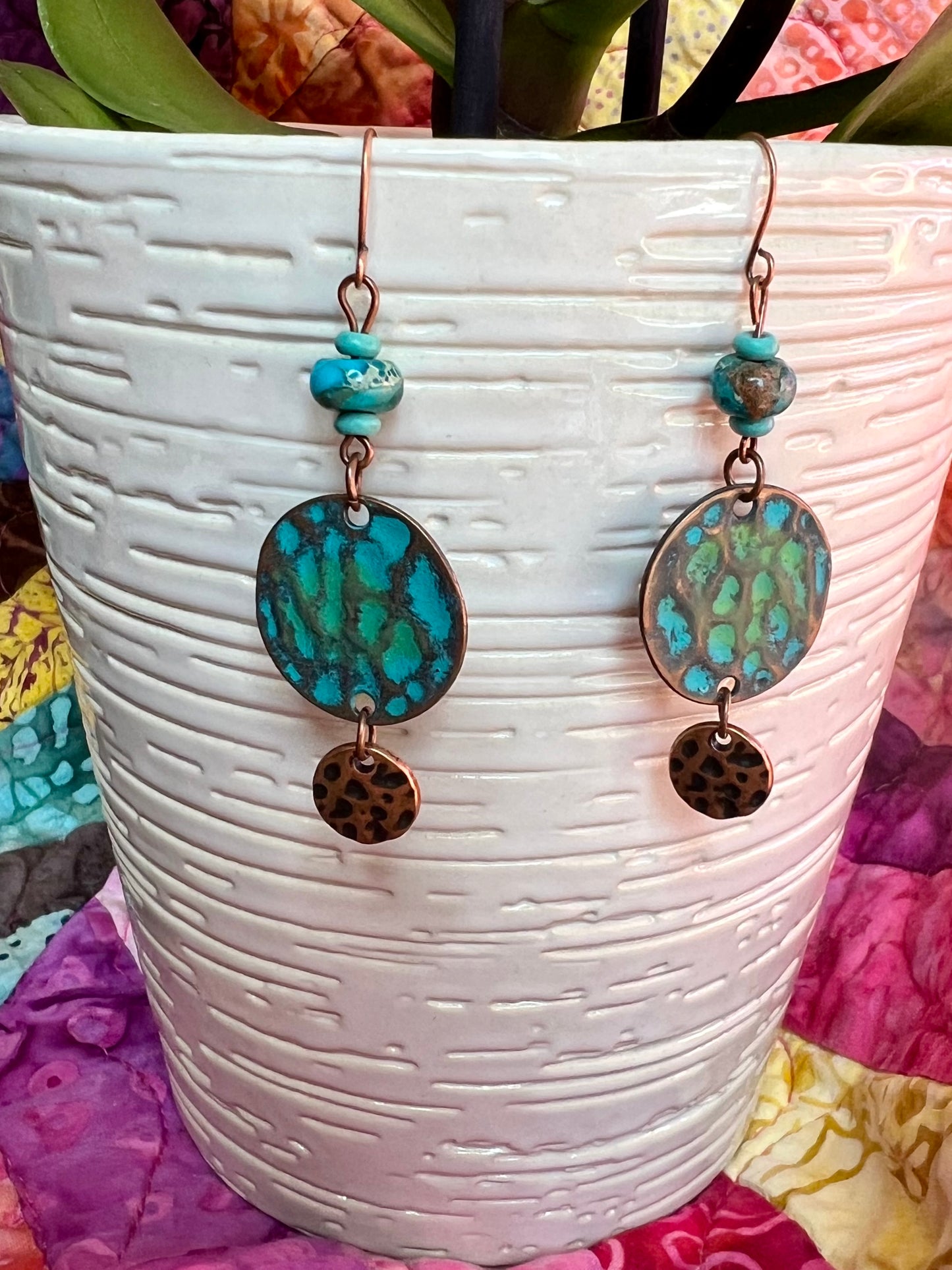 Earrings- Copper and copper plated metal with turquoise beads.