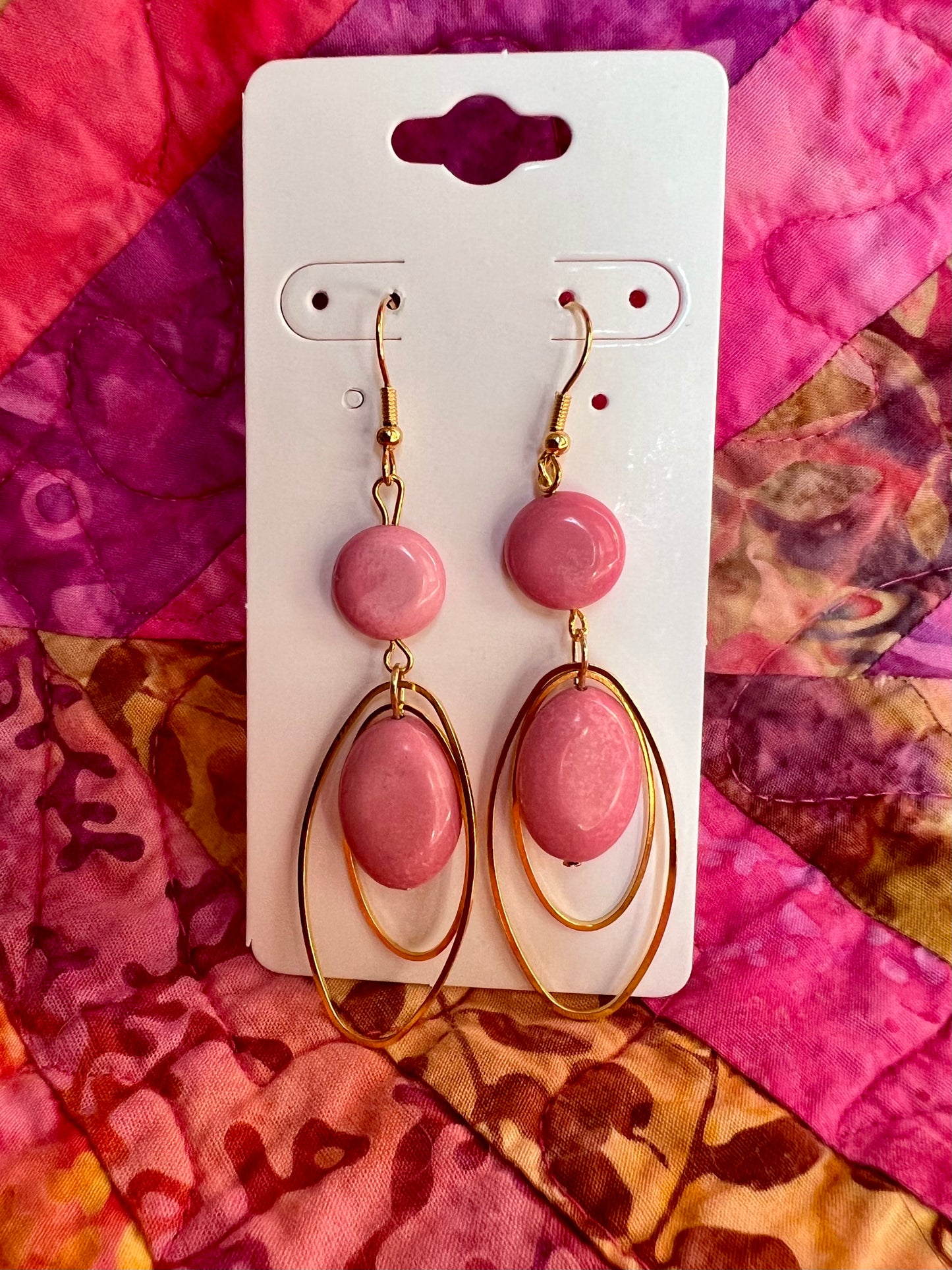 Earrings- Gold plated stainless steel ear hooks and gold plated metal with pink dyed natural stone beads.