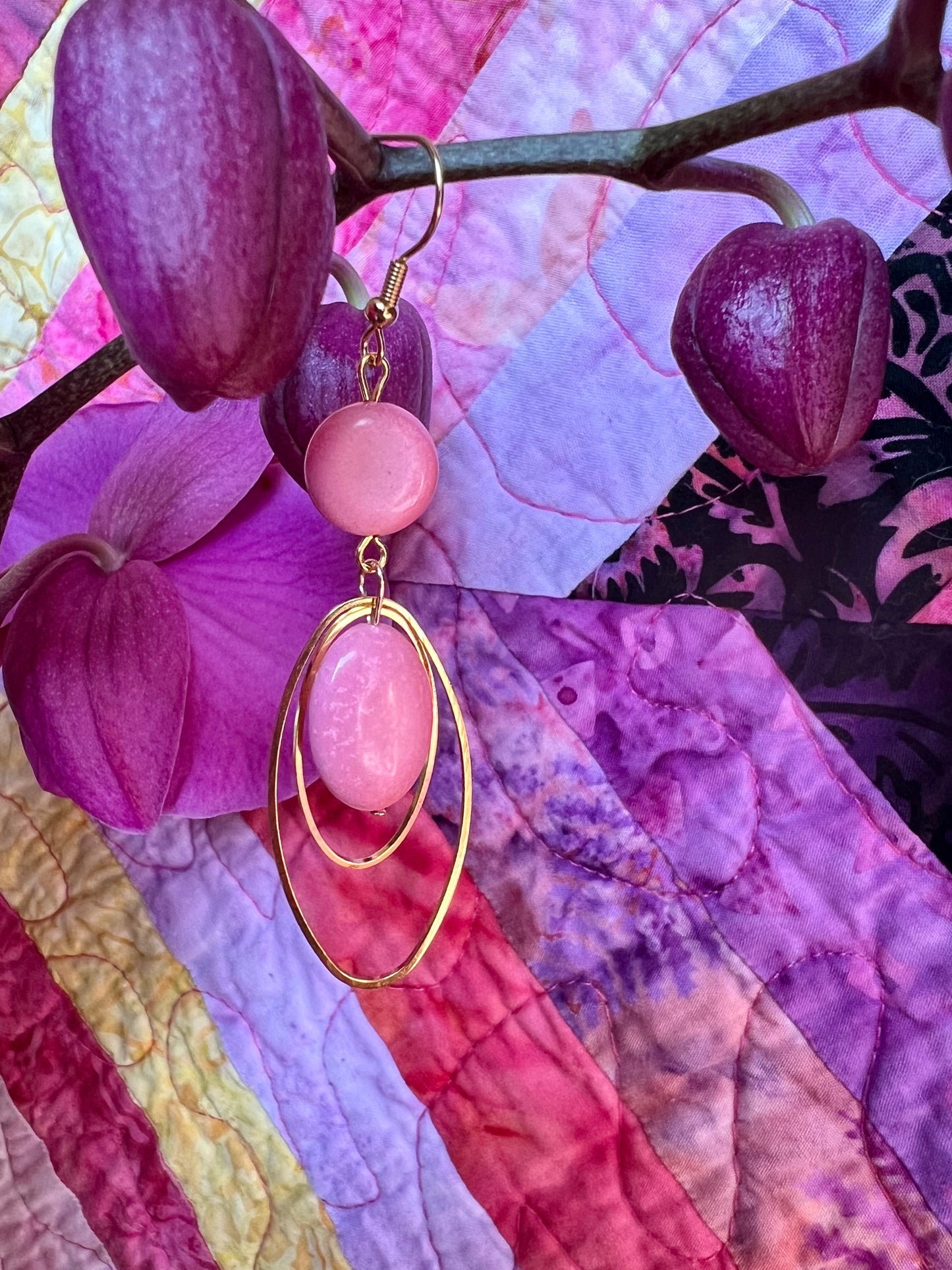 Earrings- Gold plated stainless steel ear hooks and gold plated metal with pink dyed natural stone beads.