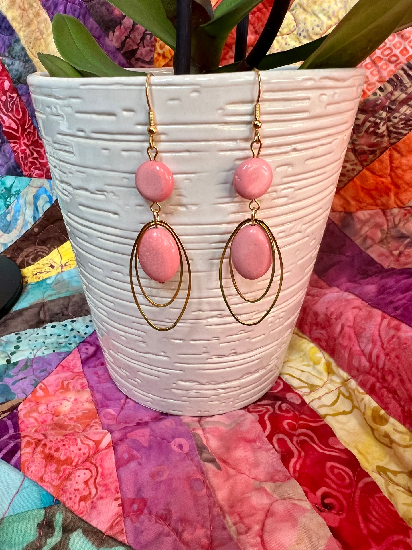 Earrings- Gold plated stainless steel ear hooks and gold plated metal with pink dyed natural stone beads.