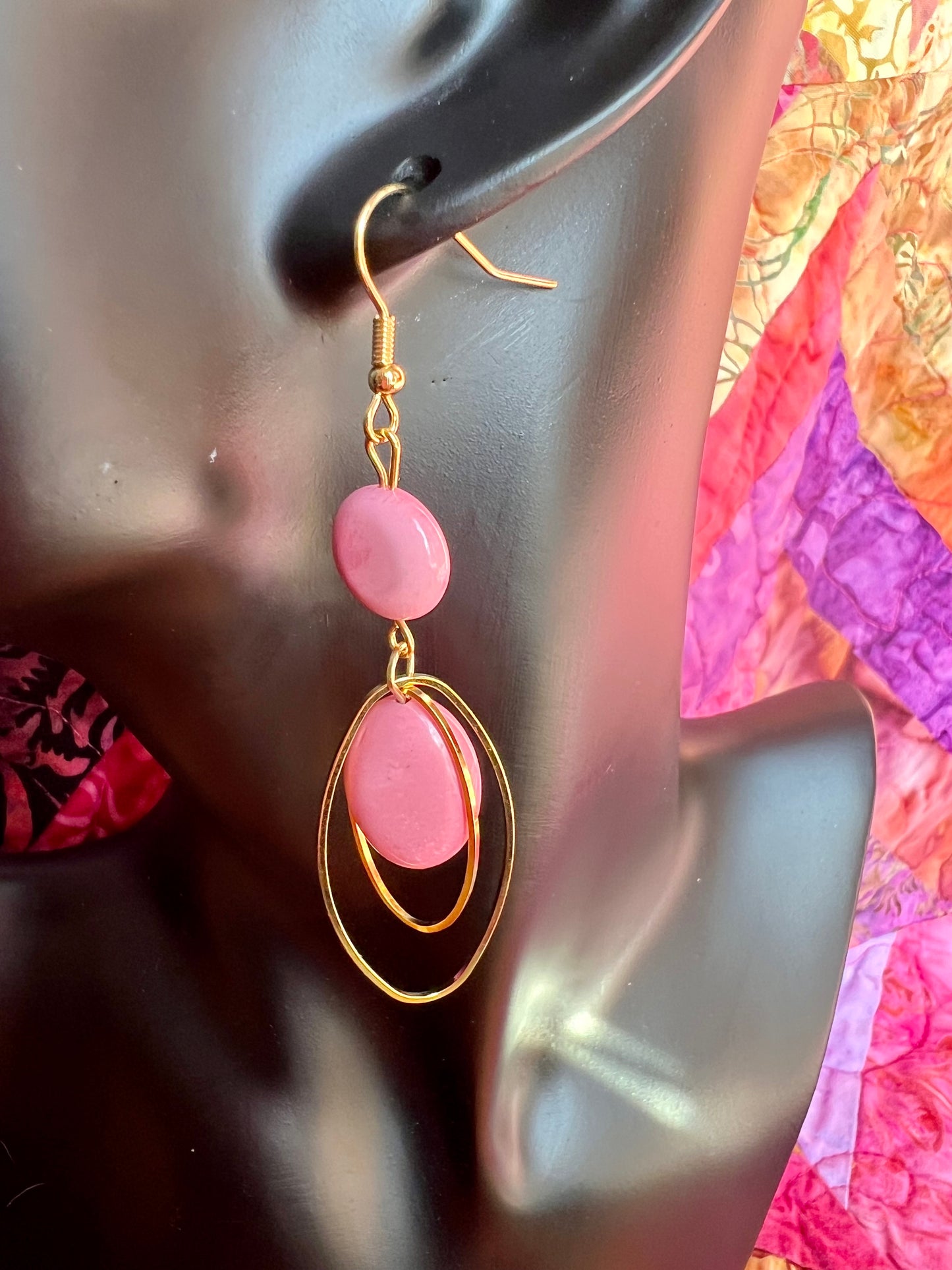 Earrings- Gold plated stainless steel ear hooks and gold plated metal with pink dyed natural stone beads.