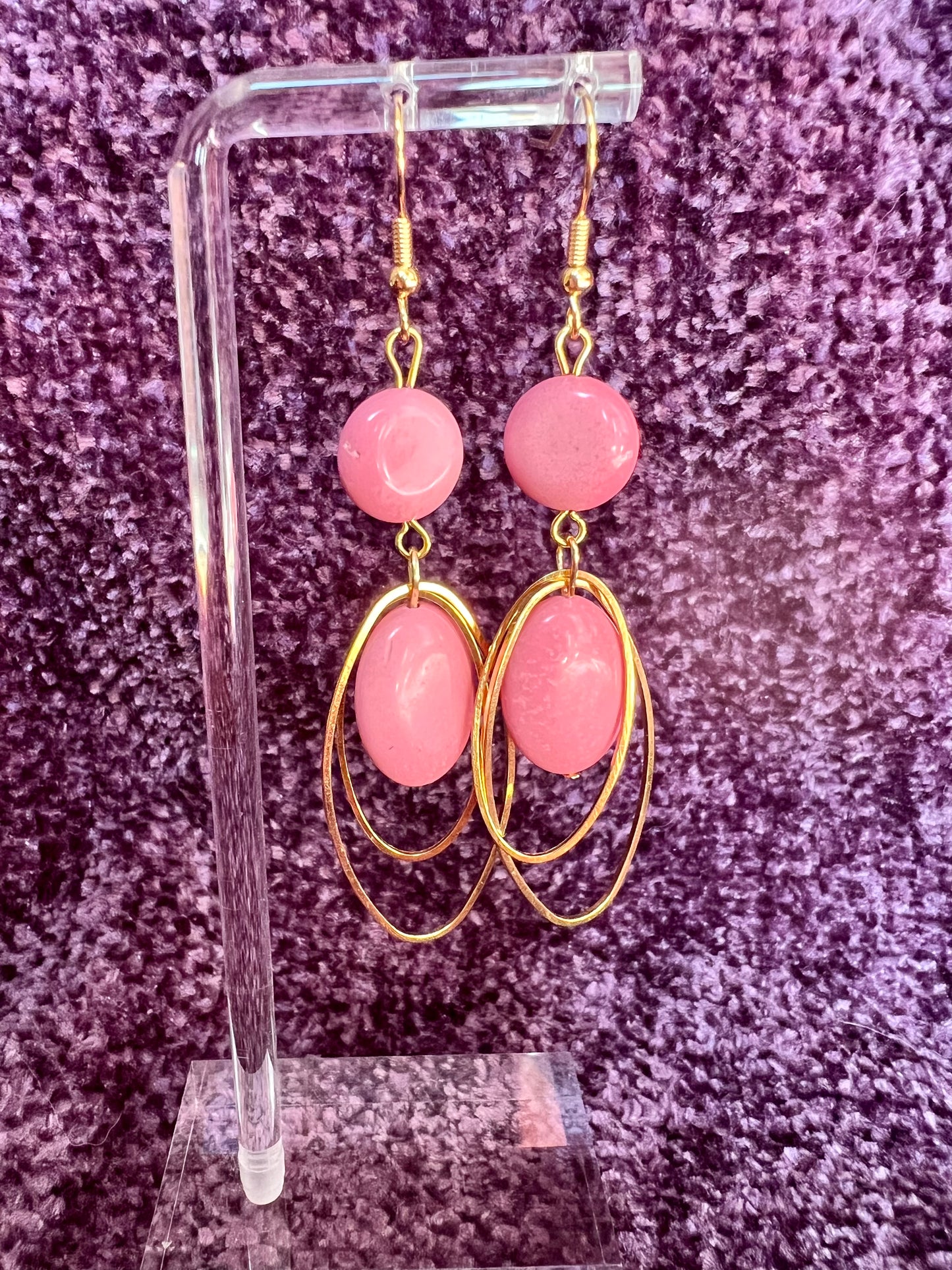 Earrings- Gold plated stainless steel ear hooks and gold plated metal with pink dyed natural stone beads.