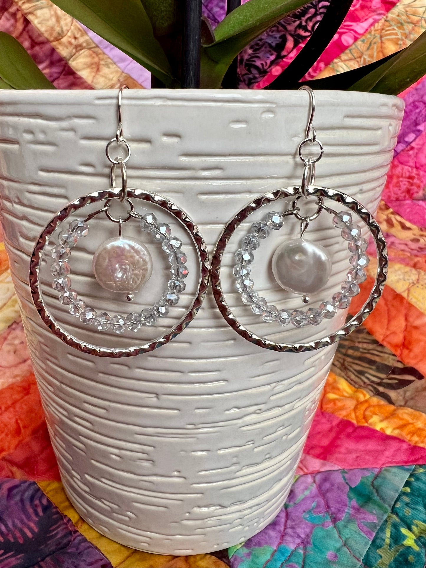 Earrings- Silver plated metal with silvery crystals and white freshwater coin pearls.