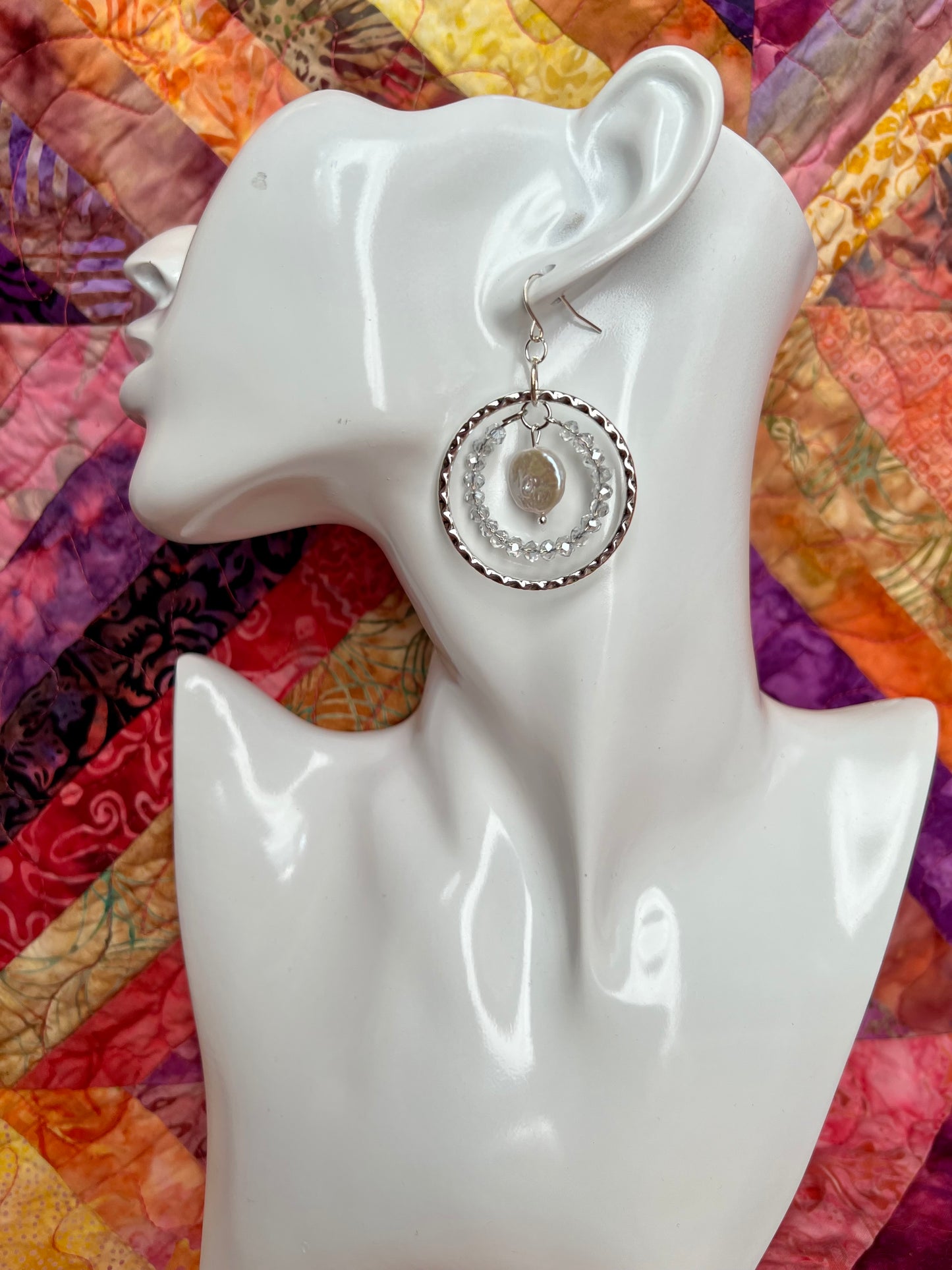 Earrings- Silver plated metal with silvery crystals and white freshwater coin pearls.