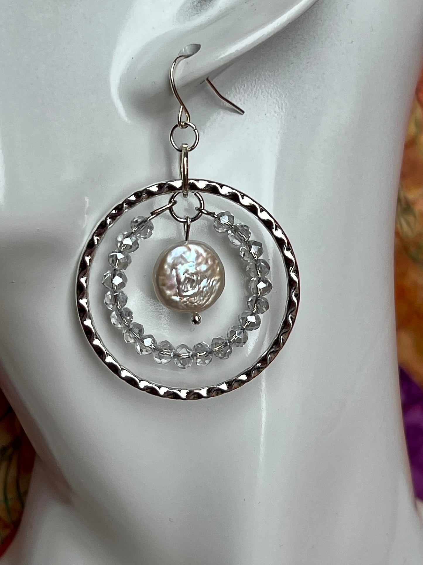 Earrings- Silver plated metal with silvery crystals and white freshwater coin pearls.