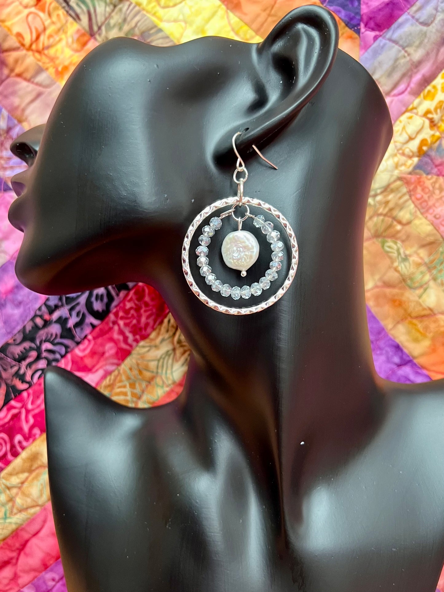 Earrings- Silver plated metal with silvery crystals and white freshwater coin pearls.