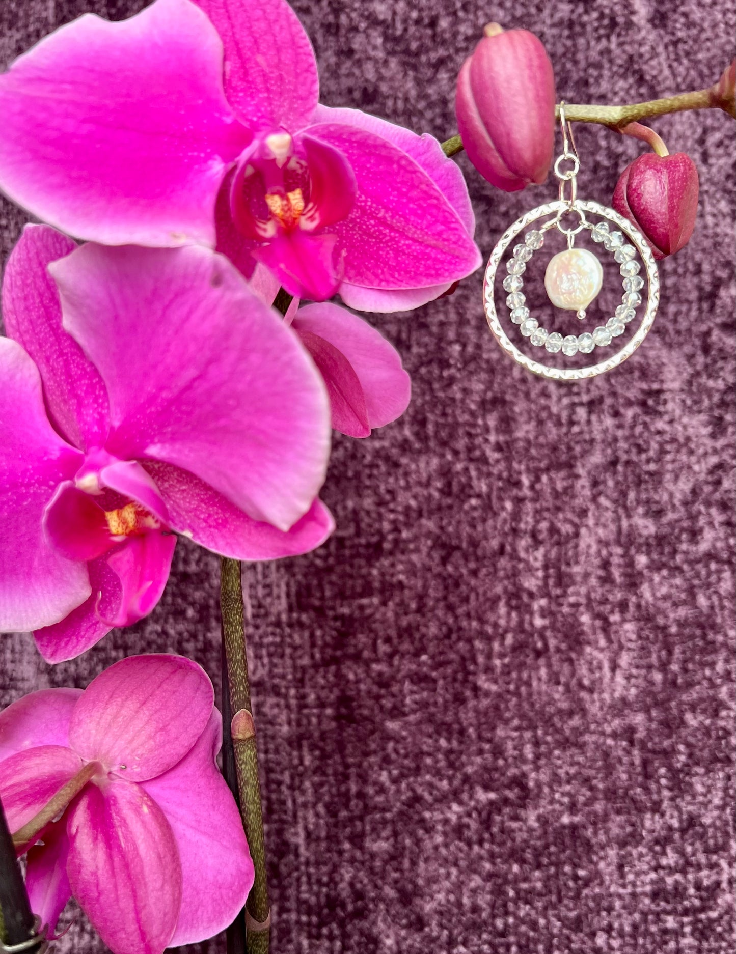 Earrings- Silver plated metal with silvery crystals and white freshwater coin pearls.