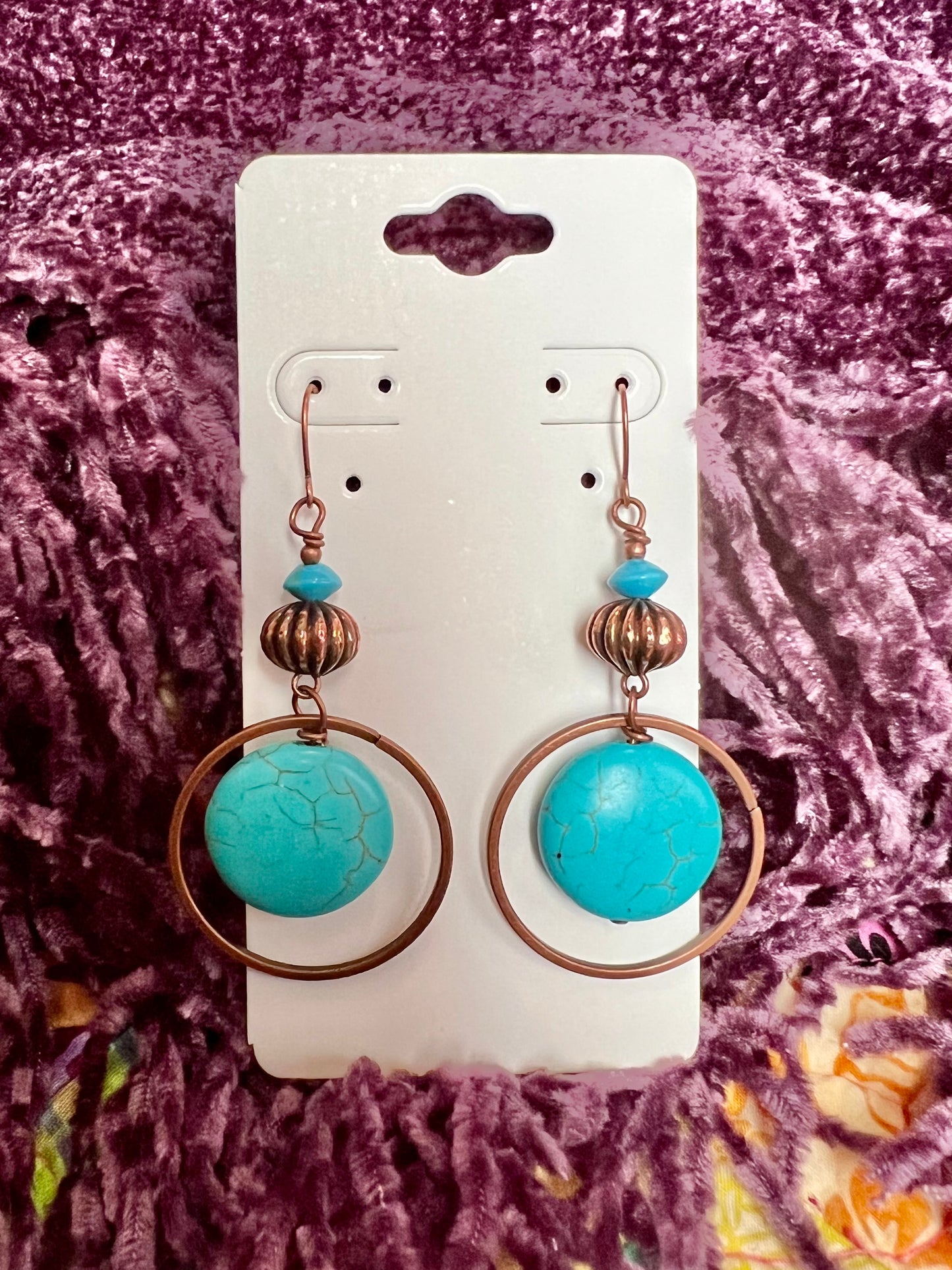 Earrings- Antique copper plated metal with turquoise beads.