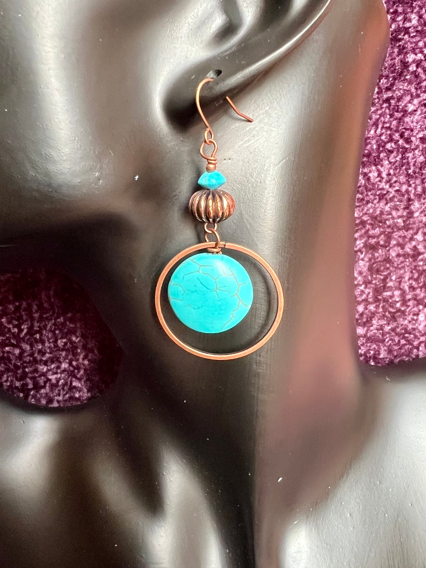 Earrings- Antique copper plated metal with turquoise beads.