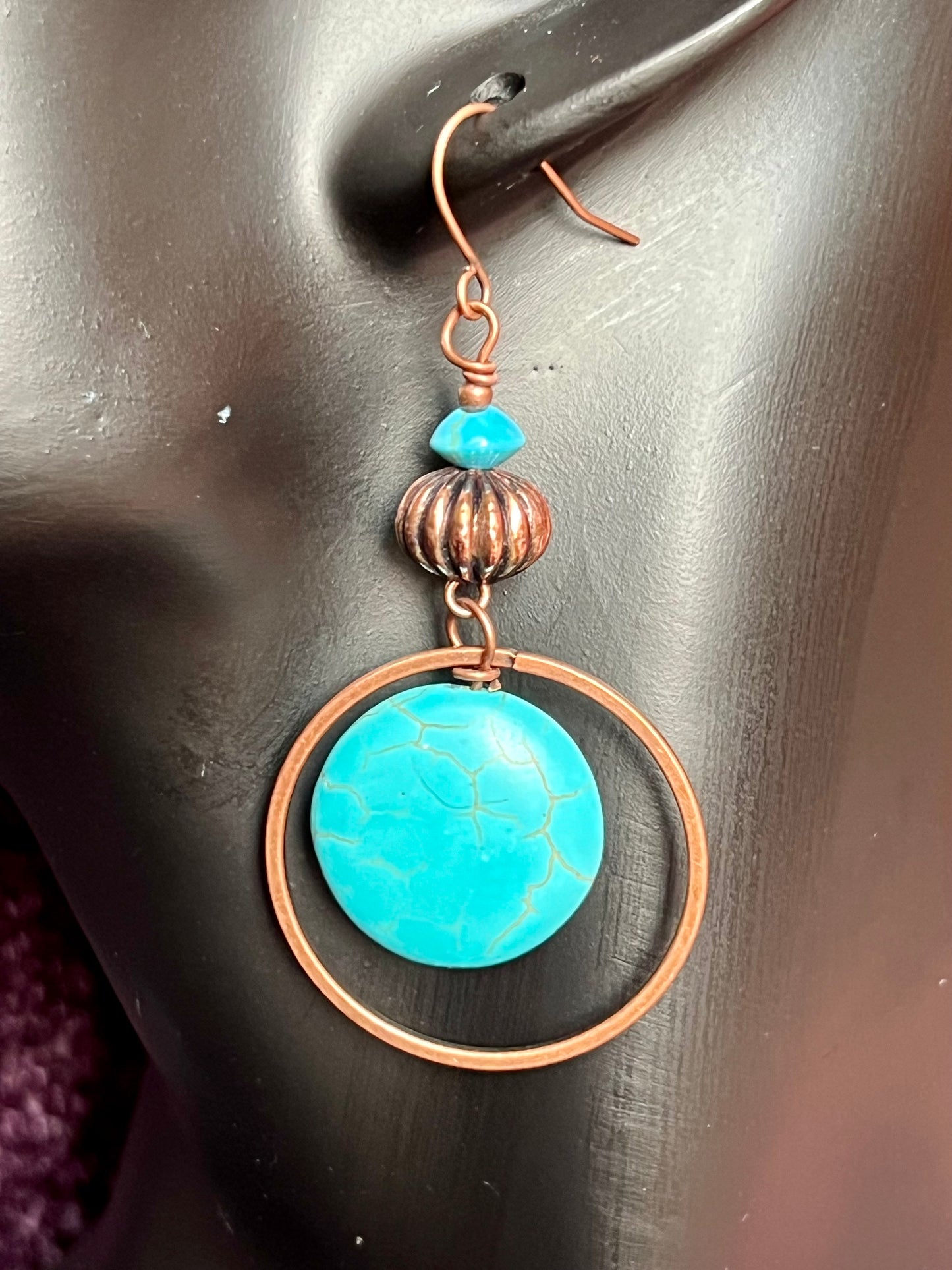 Earrings- Antique copper plated metal with turquoise beads.