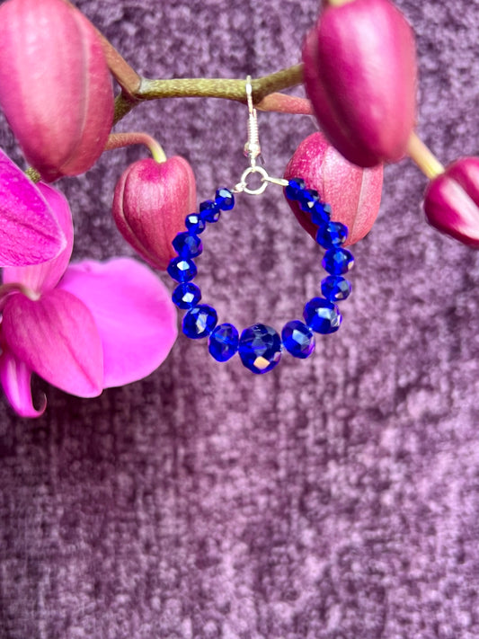 Earrings- Silver plated metal hoops with blue crystals.