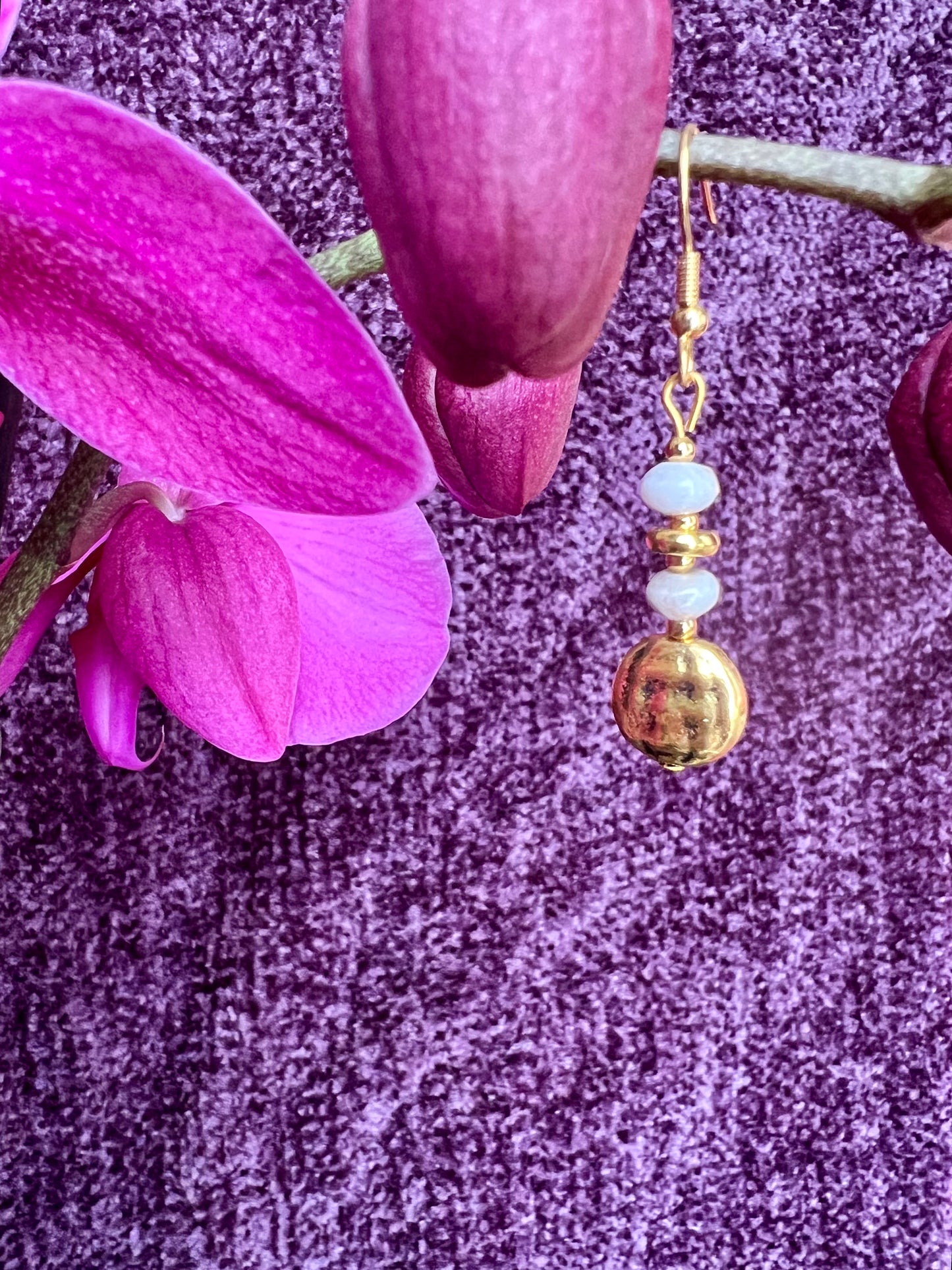 Earrings- Gold plated stainless steel ear hooks, gold plated metal with opaque natural stone nuggets.