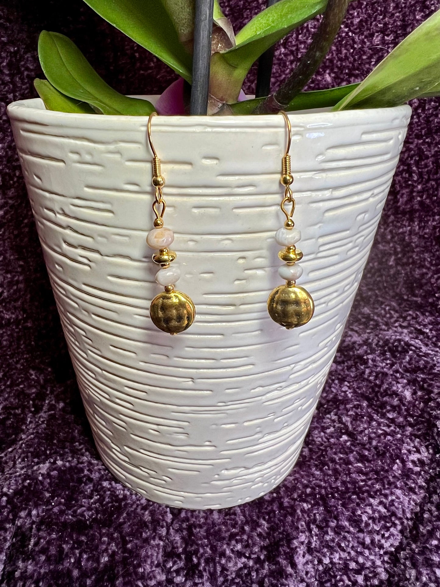 Earrings- Gold plated stainless steel ear hooks, gold plated metal with opaque natural stone nuggets.