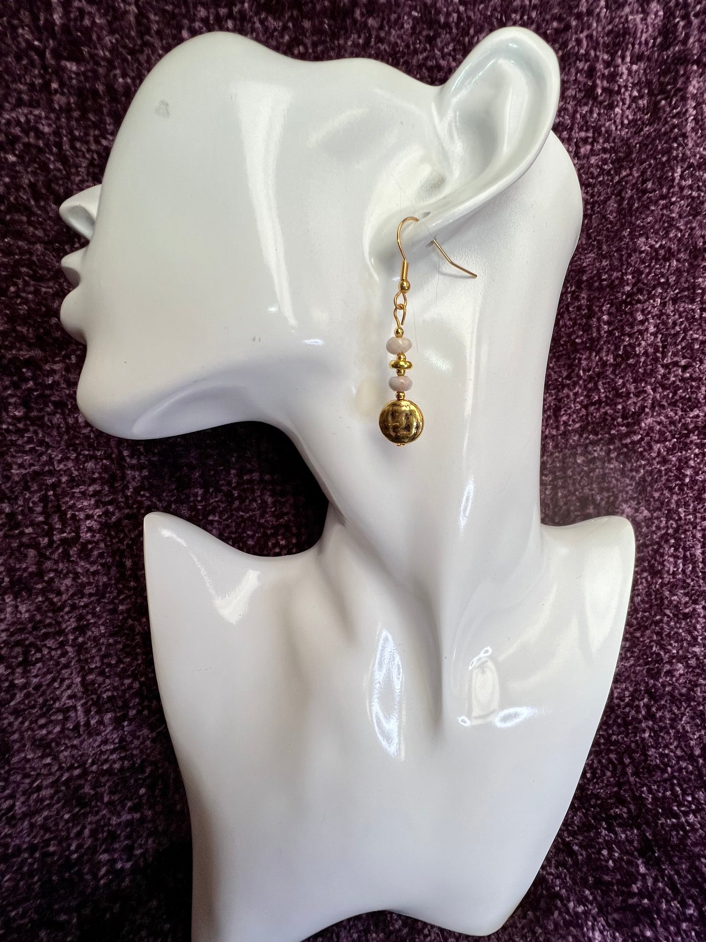 Earrings- Gold plated stainless steel ear hooks, gold plated metal with opaque natural stone nuggets.