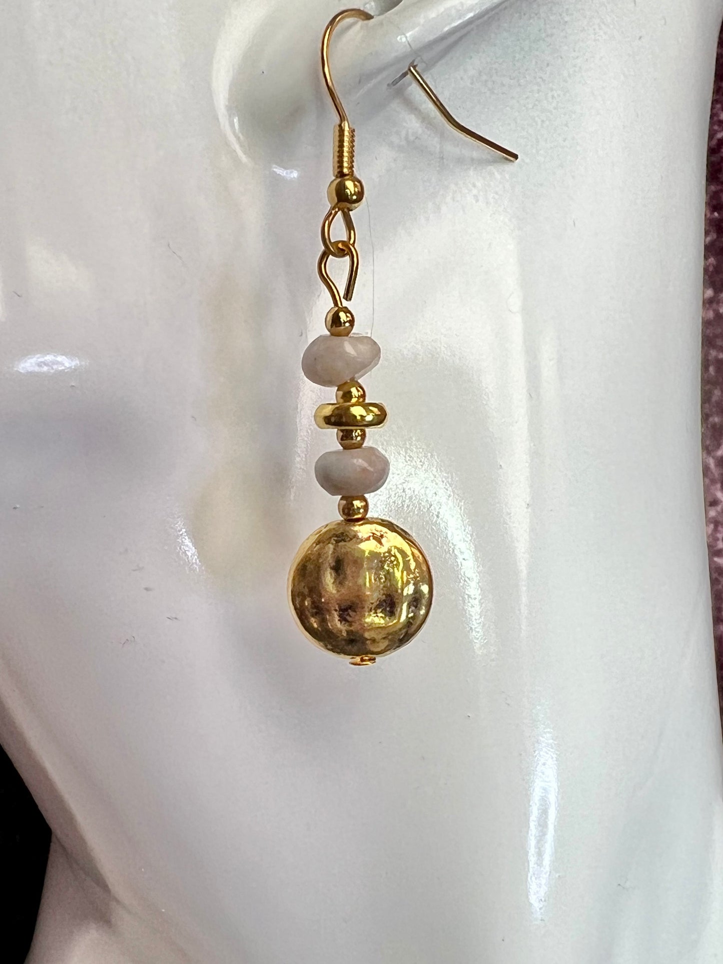 Earrings- Gold plated stainless steel ear hooks, gold plated metal with opaque natural stone nuggets.