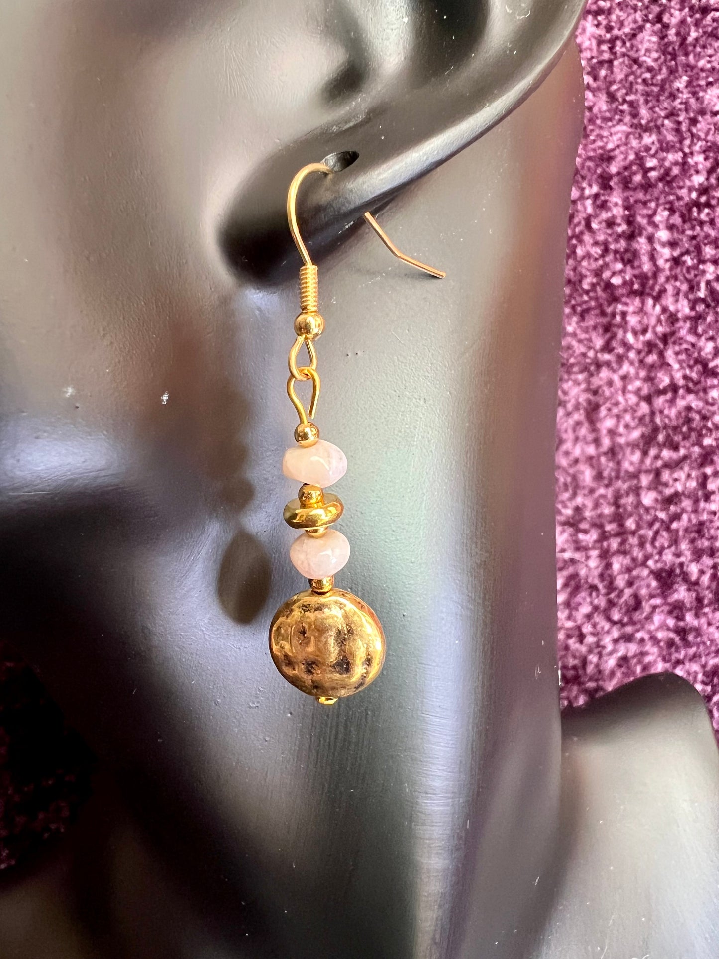 Earrings- Gold plated stainless steel ear hooks, gold plated metal with opaque natural stone nuggets.