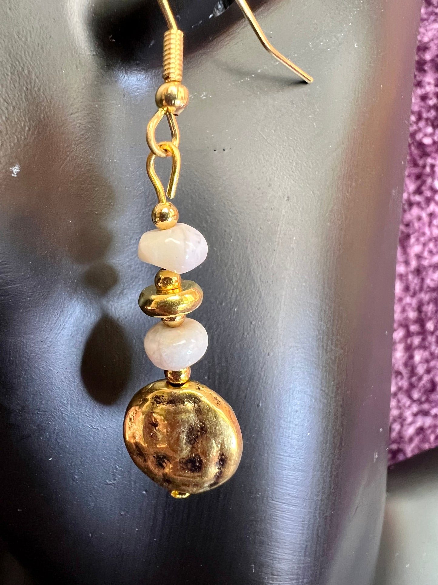 Earrings- Gold plated stainless steel ear hooks, gold plated metal with opaque natural stone nuggets.