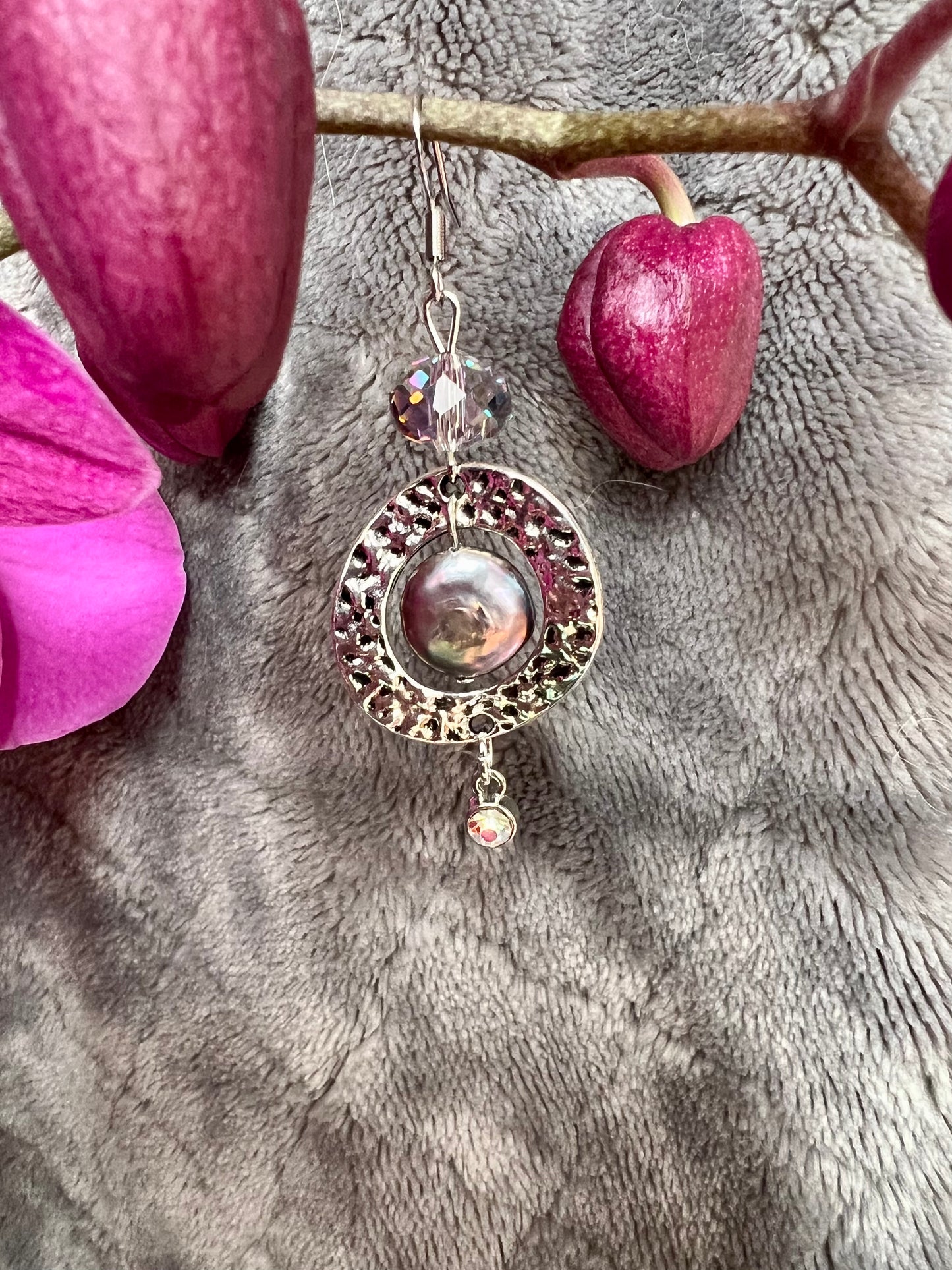 Earrings- Stainless steel ear hooks, silver plated metal and crystals, freshwater coin pearls, and crystal drop charm beads.