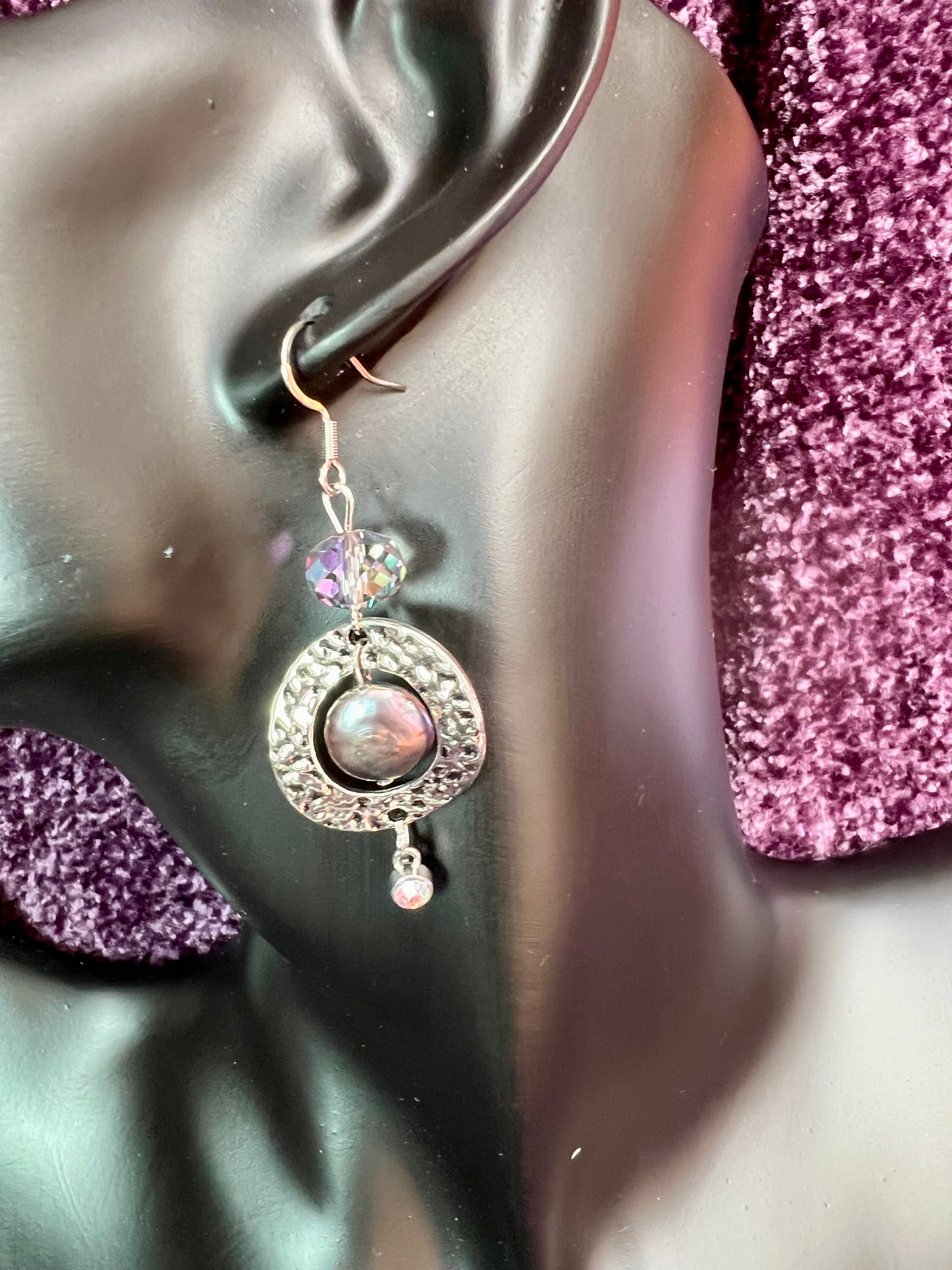 Earrings- Stainless steel ear hooks, silver plated metal and crystals, freshwater coin pearls, and crystal drop charm beads.